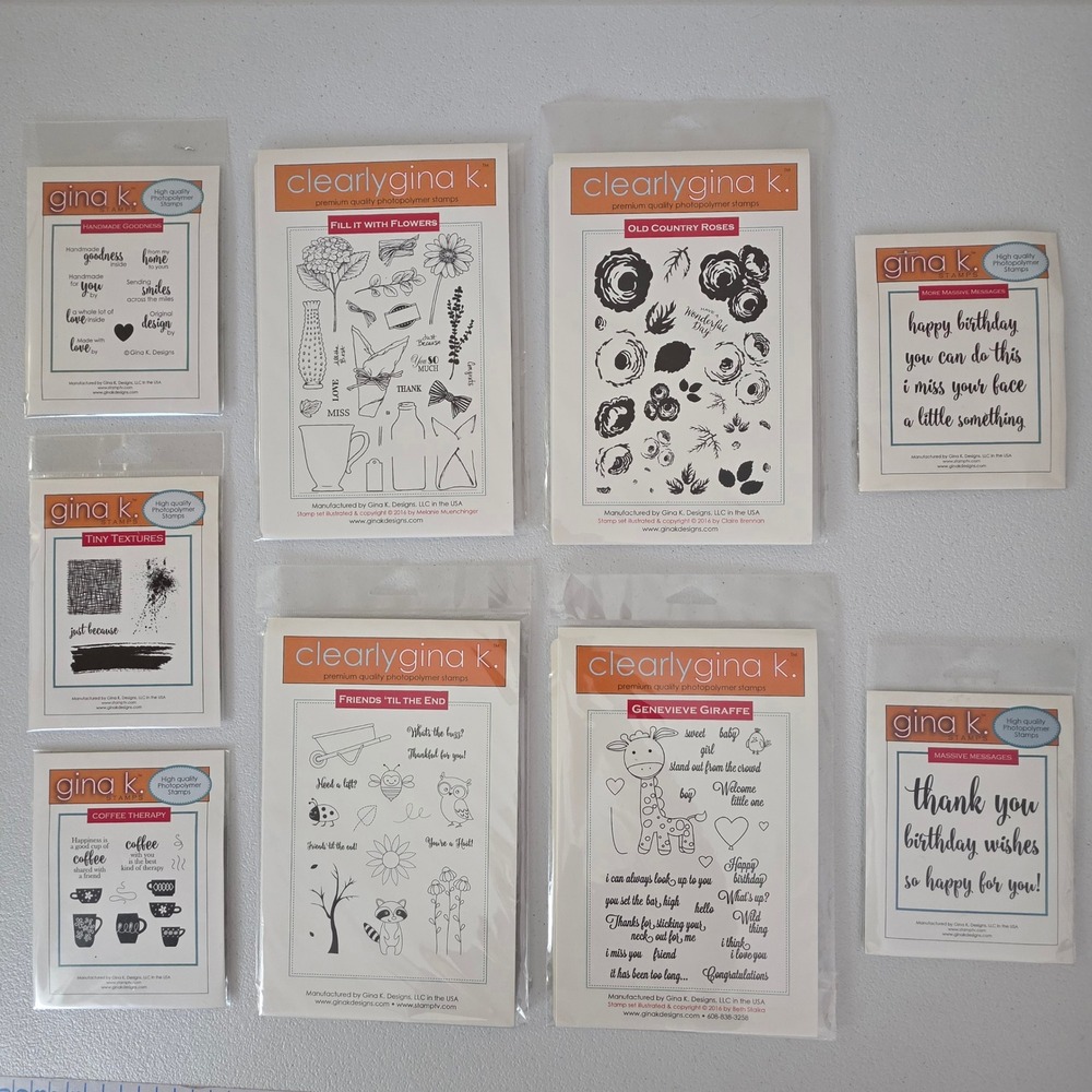 Gina K Designs Clear Stamp Set Lot 8pc Coffee Flowers Animals Sentiments DIY